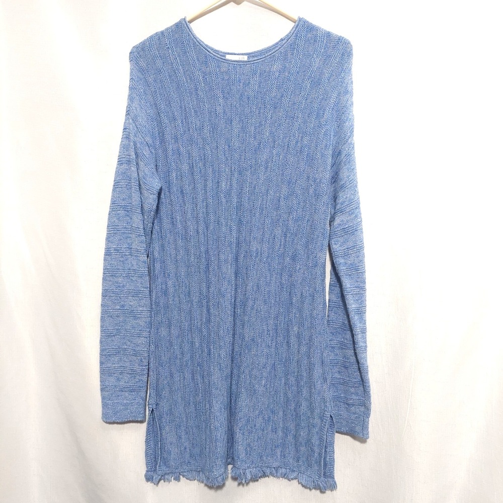 J. Jill Womens Sm Long Tunic Sweater Cotton Blend Button Back Fringe Blue Marled